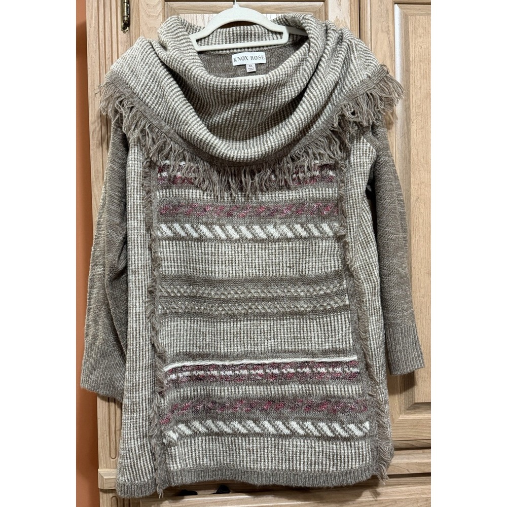 Knox Rose Women's Cowl Neck Brown Knit Sweater Dress Pullover XL Fringe Boho